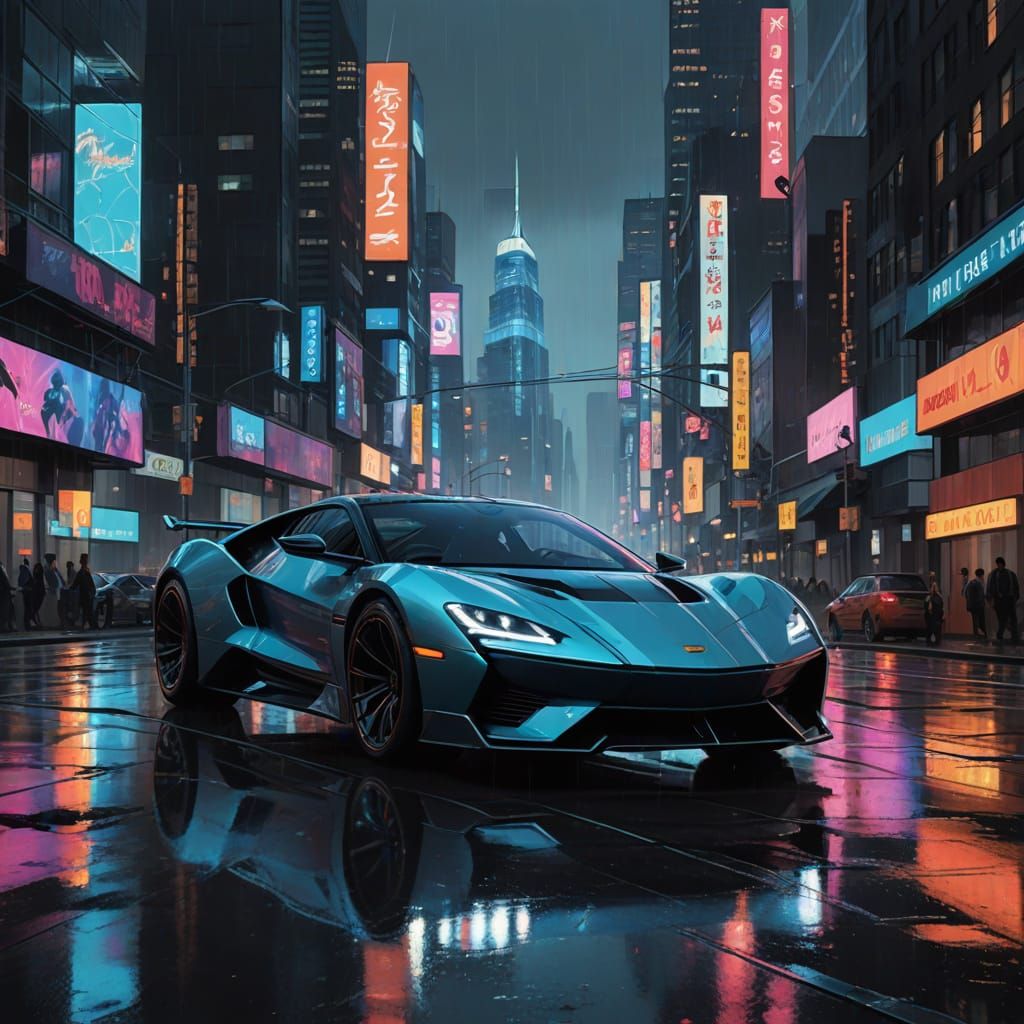 Cyberpunk Sports Car Speeds Through Rainy Cityscape at Dusk