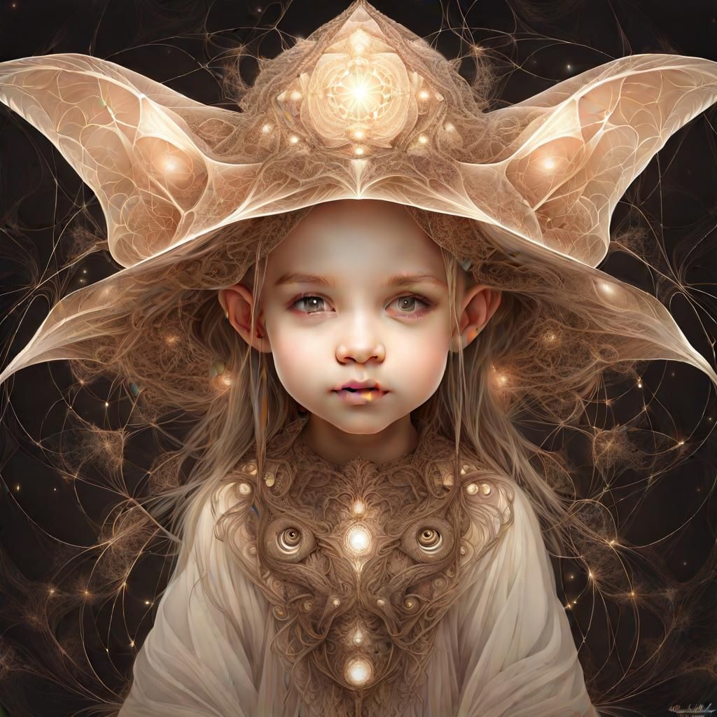 Toddler Witch Rides Kitten Boat in Fractal Garden