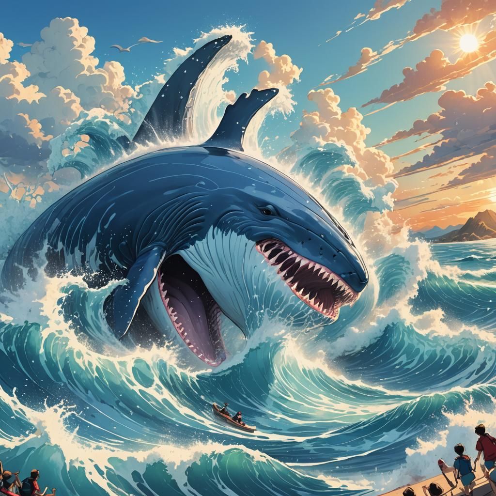 Blue Whale Tsunami Attack in Anime Style
