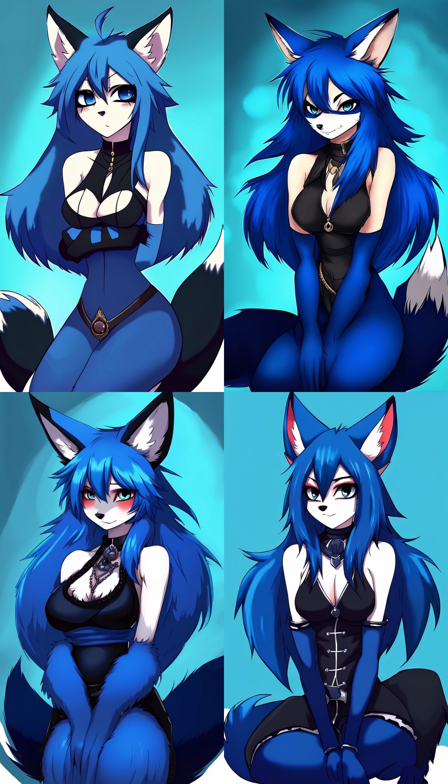 Blue Fox Anthro Furry in Goth Anime Style