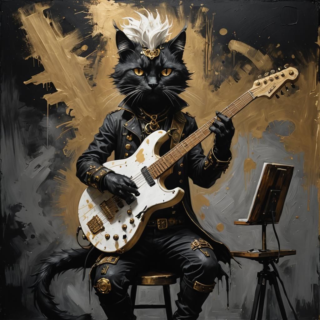Steampunk Cat Guitarist Painting with Mohawk