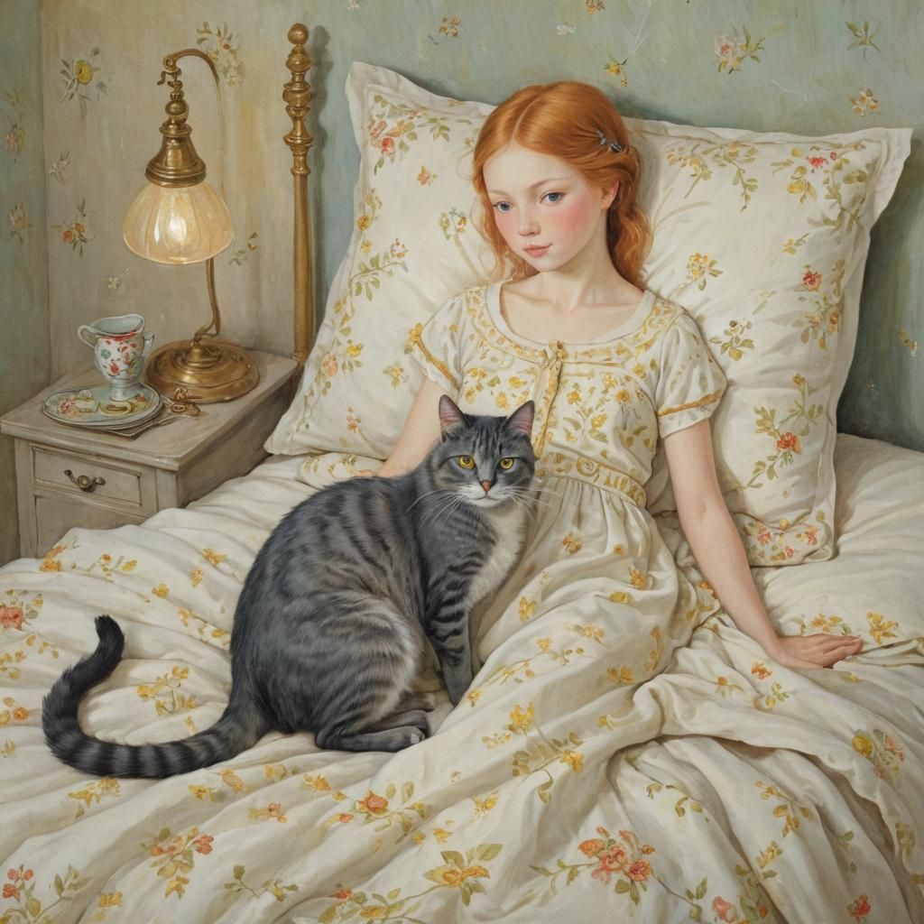 Woman and Lamp-Eyed Cat Digital Illustration