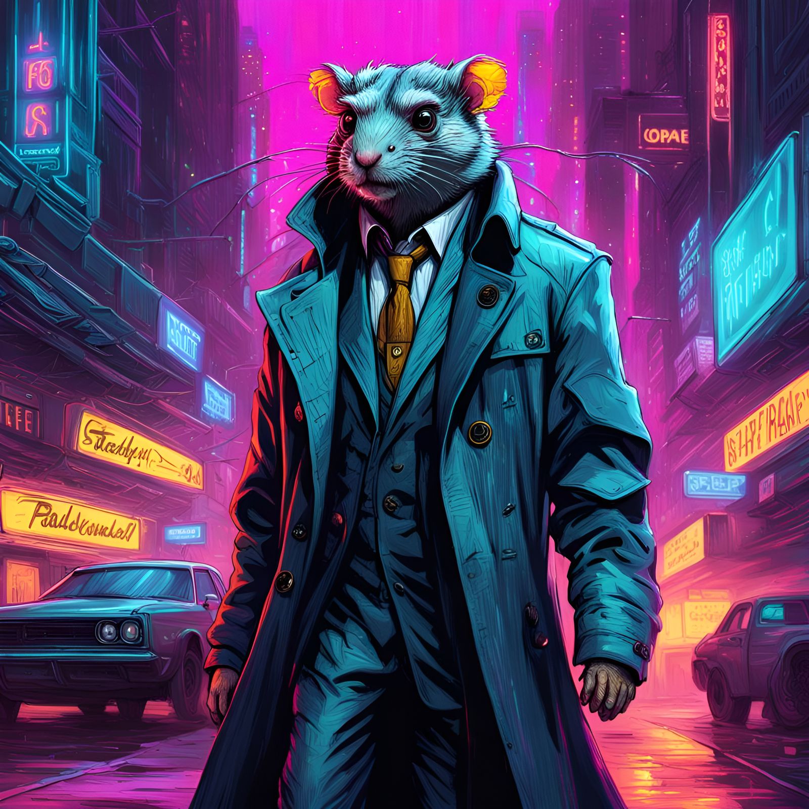 Gerbil in Trenchcoat: Cyberpunk Astral Illustration