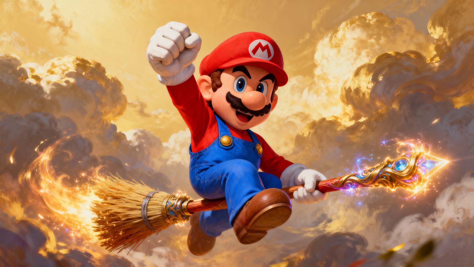 Super Mario Rides Enchanted Broom, Fist Pumping