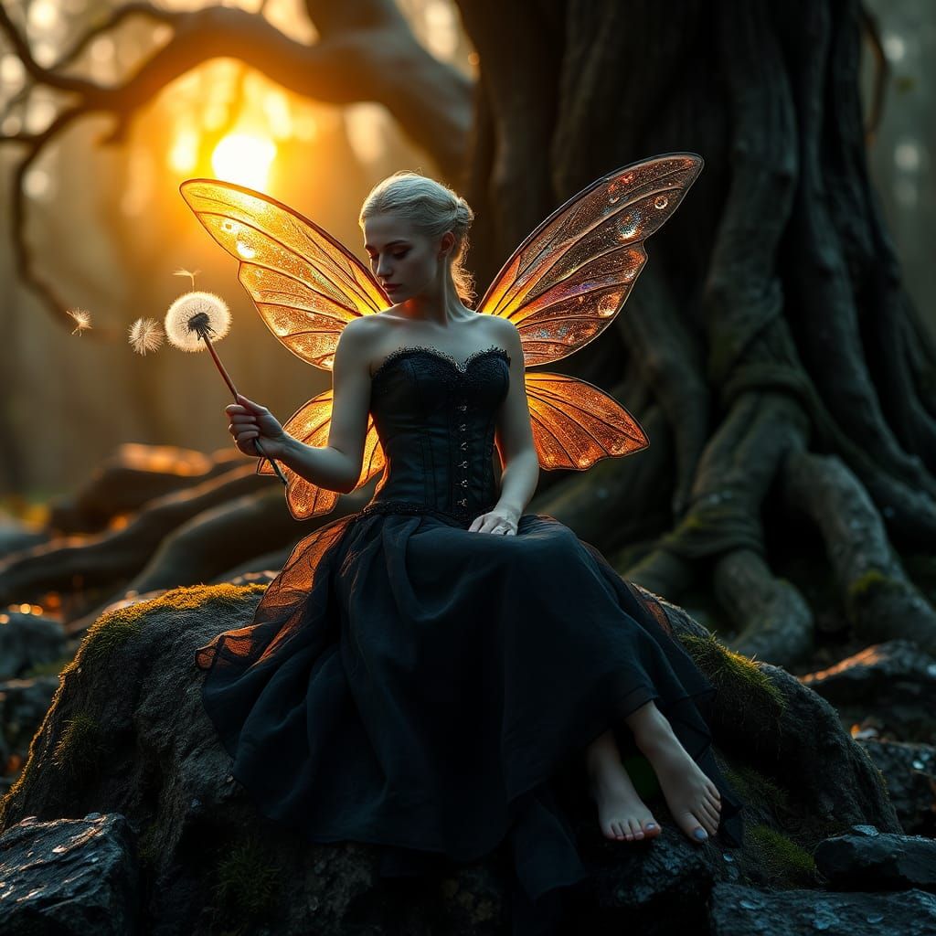 Fairy with Dandelion Seeds in Misty Forest