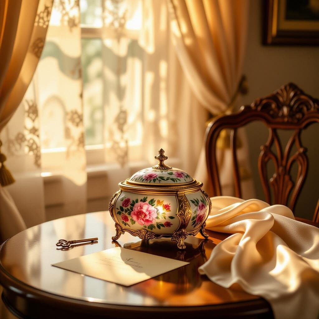 Golden Sunlight on Ornate Music Box and Letter