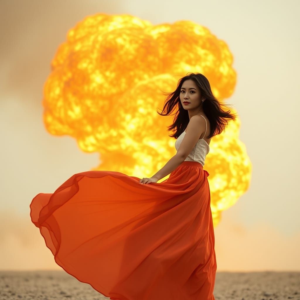 Fiery Explosion Behind Woman in Flowing Skirt
