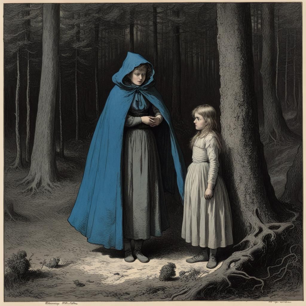 Apprehensive Little Red Riding Hood in Dark Forest