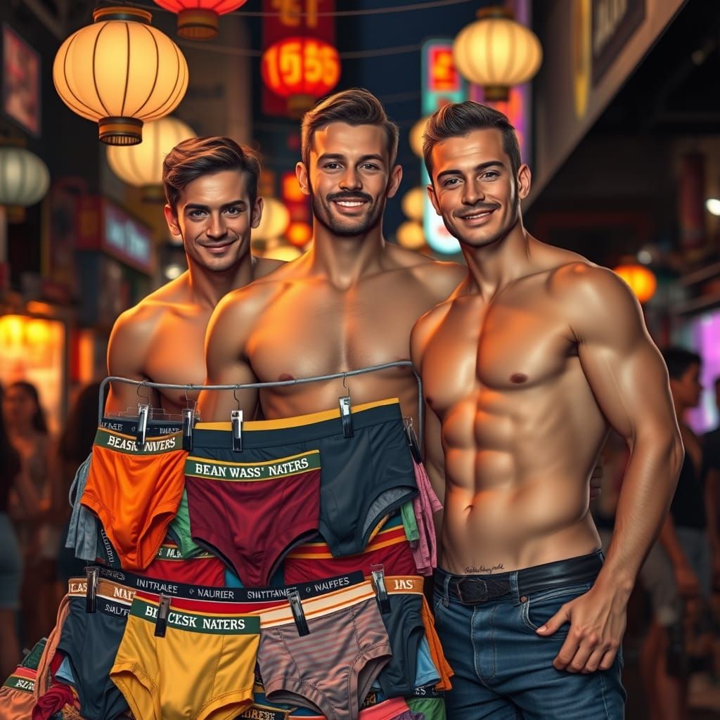 Handsome Men Showcase Vibrant Underwear at Night Market