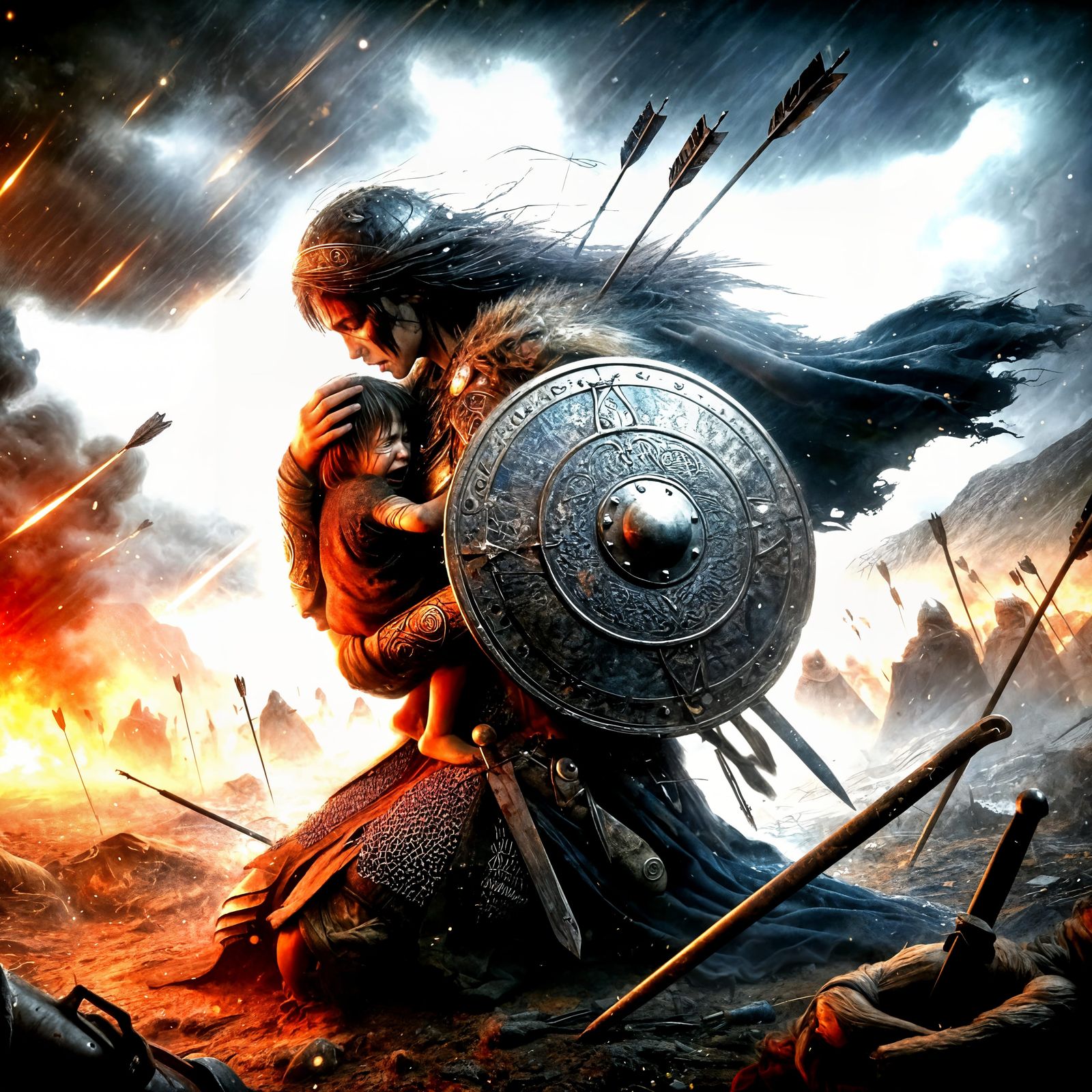 Warrior Woman Defends Child in Stormy Battlefield