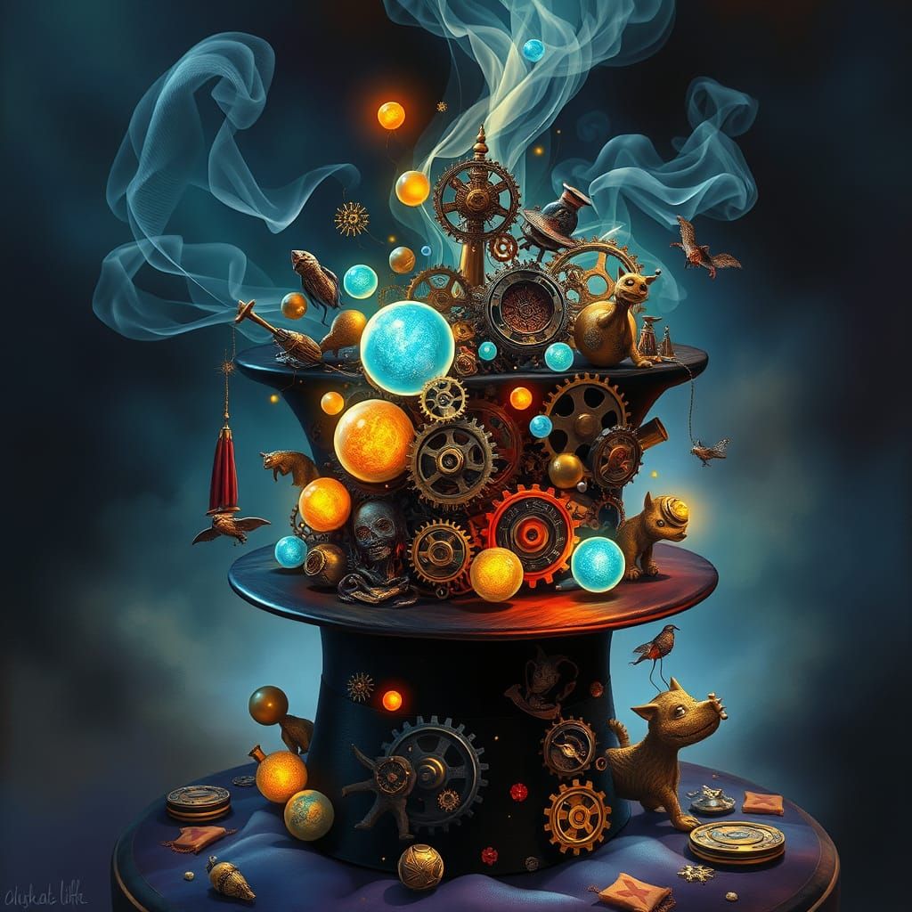 Magician's Hat Overflowing With Fantastical Steampunk Object...