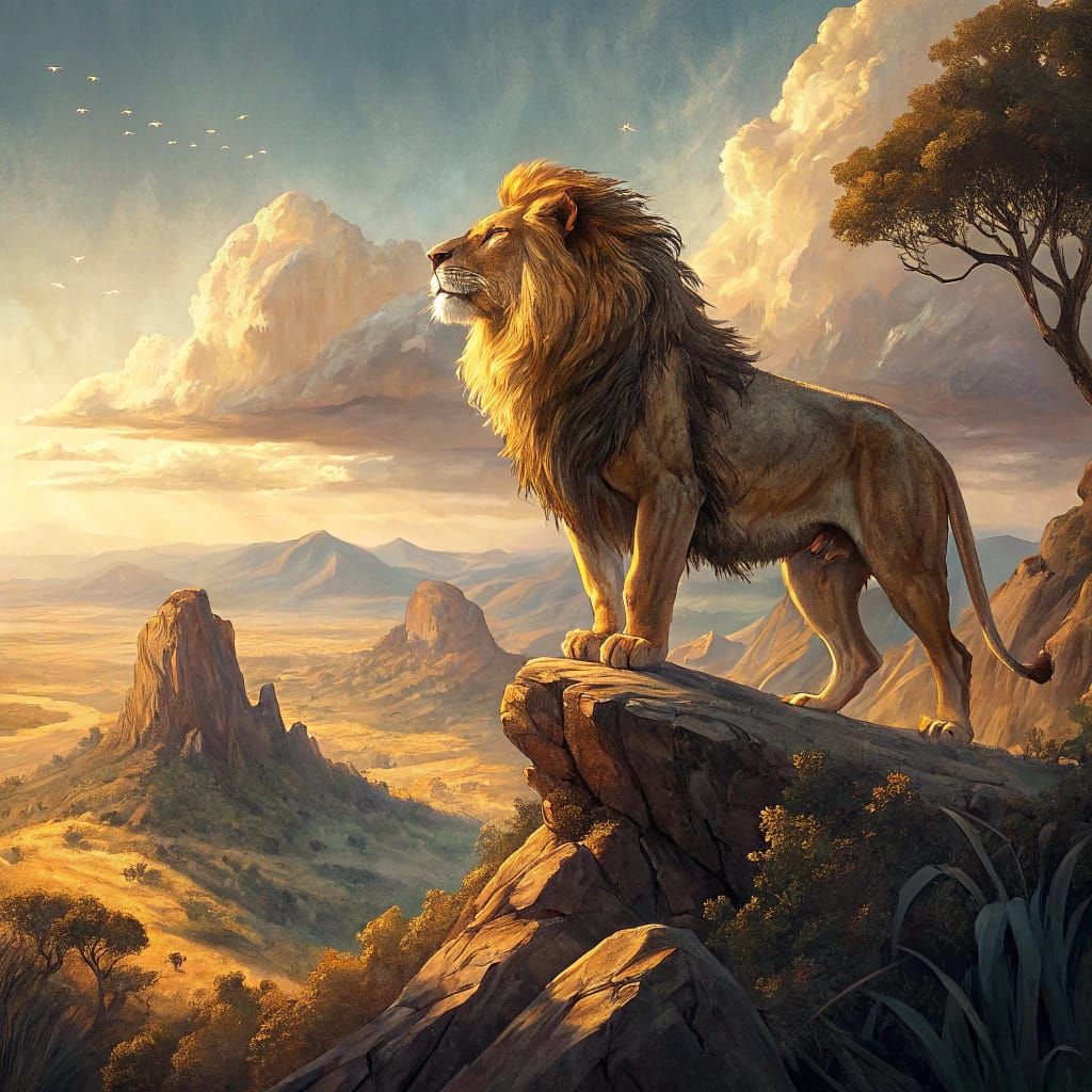 Lion Overlooking Savanna in Romanticism Style