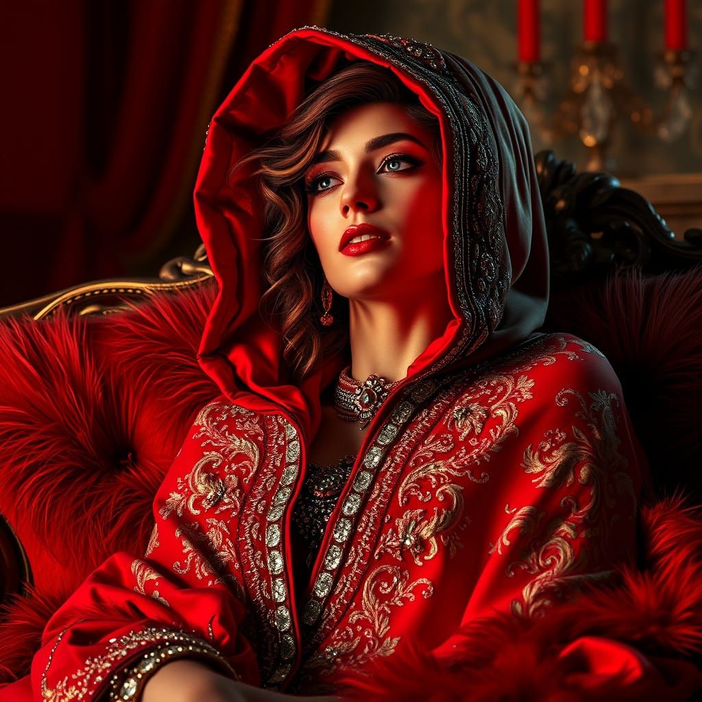 Exotic Queen in Opulent Interior, in Pre-Raphaelite Style