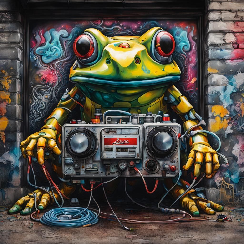 Robotic Toad in Cyberpunk Graffiti Style, Hyperrealistic Pho...