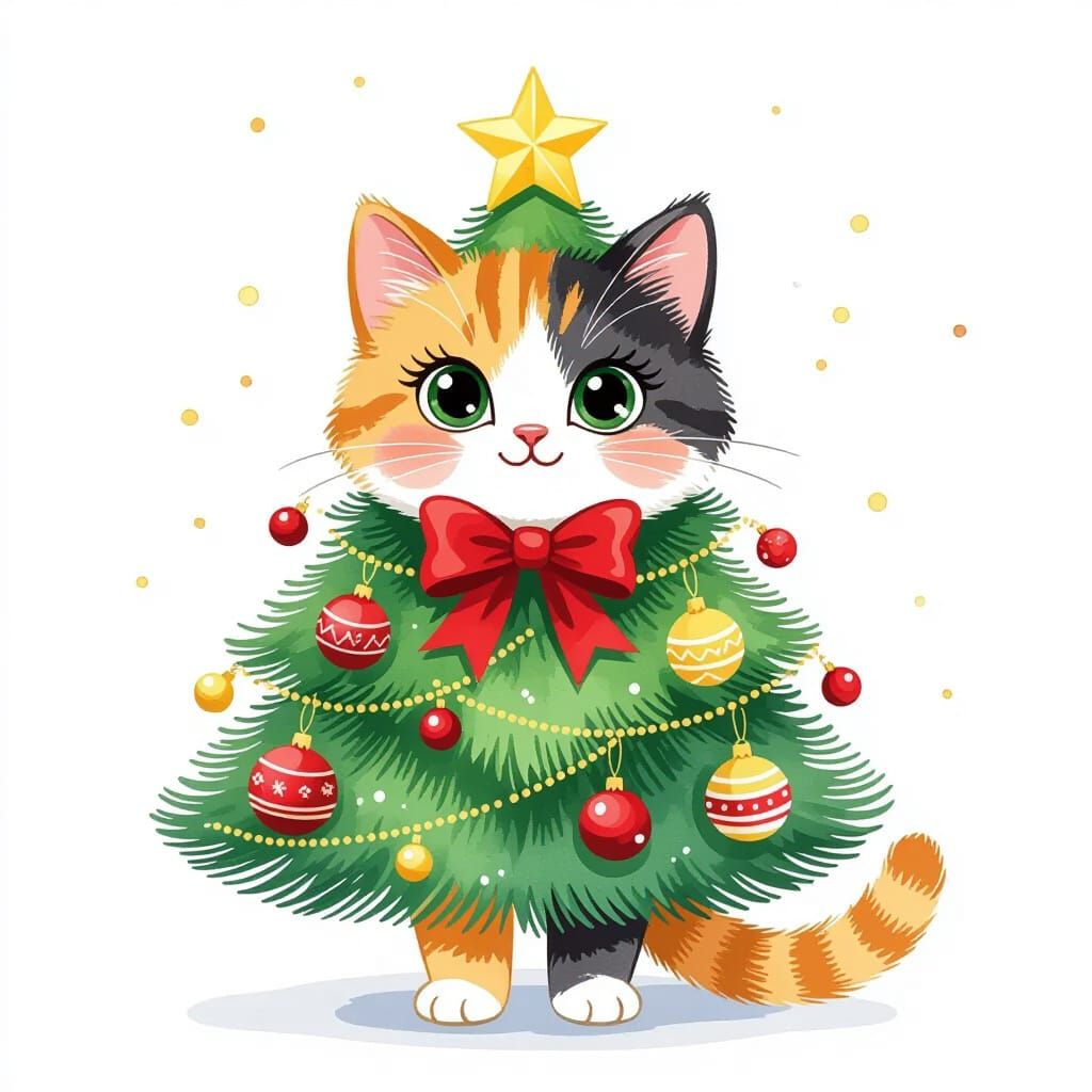 Cute Calico Cat as Christmas Tree Watercolor Illustration