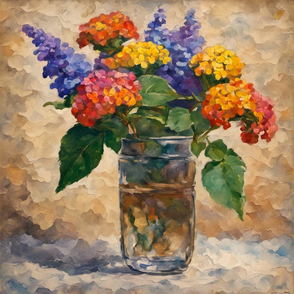 Lantana and Salvia Flowers: Neo-Impressionist Oil Painting