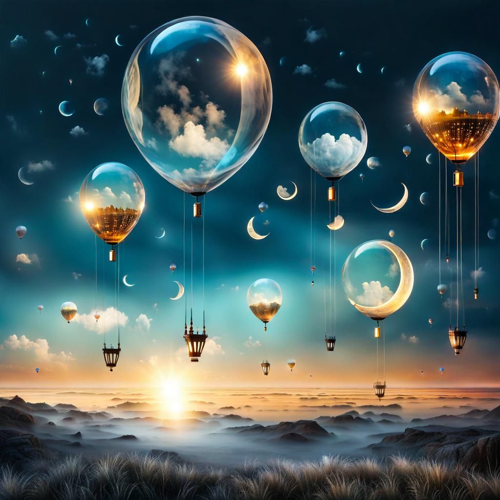 Surreal Sky with Transparent Balloons and Crystal Moons
