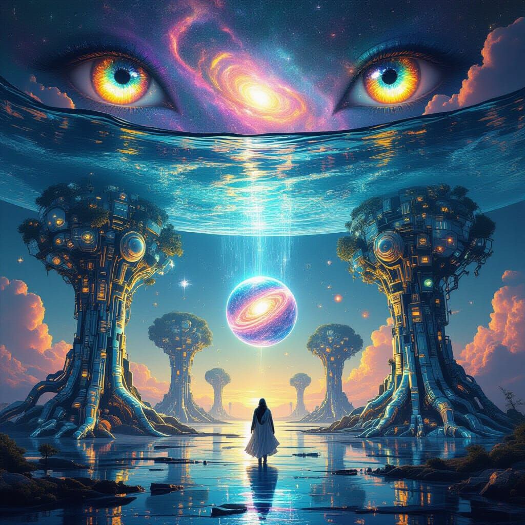 Upside-Down Ocean in Sky with Neon Galaxies, Futuristic City