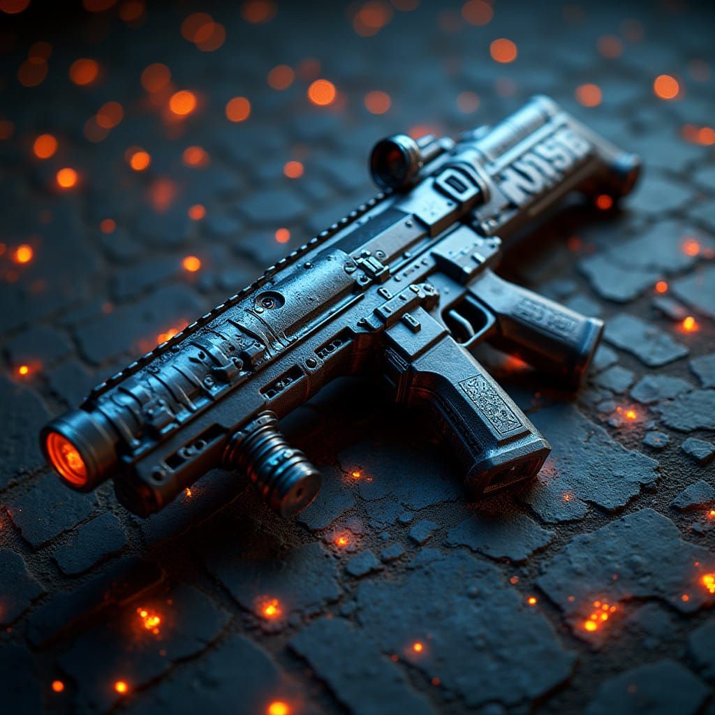 High-Tech Futuristic Laser Rifle in Mystical Landscape