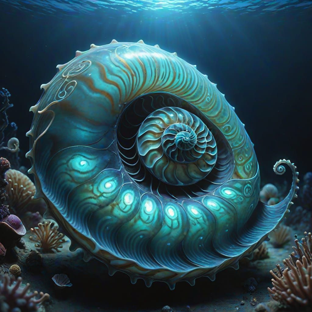 Bioluminescent Nautilus in Primordial Ocean: 3D Rendering