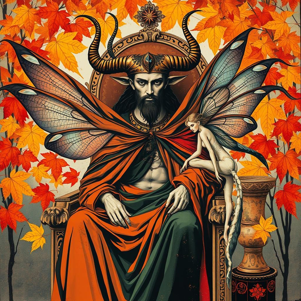 Autumn horned god dragon fly winged fairy altar piece by Egon Schiele Andy Warhol portait collage golden ratio rule of ...