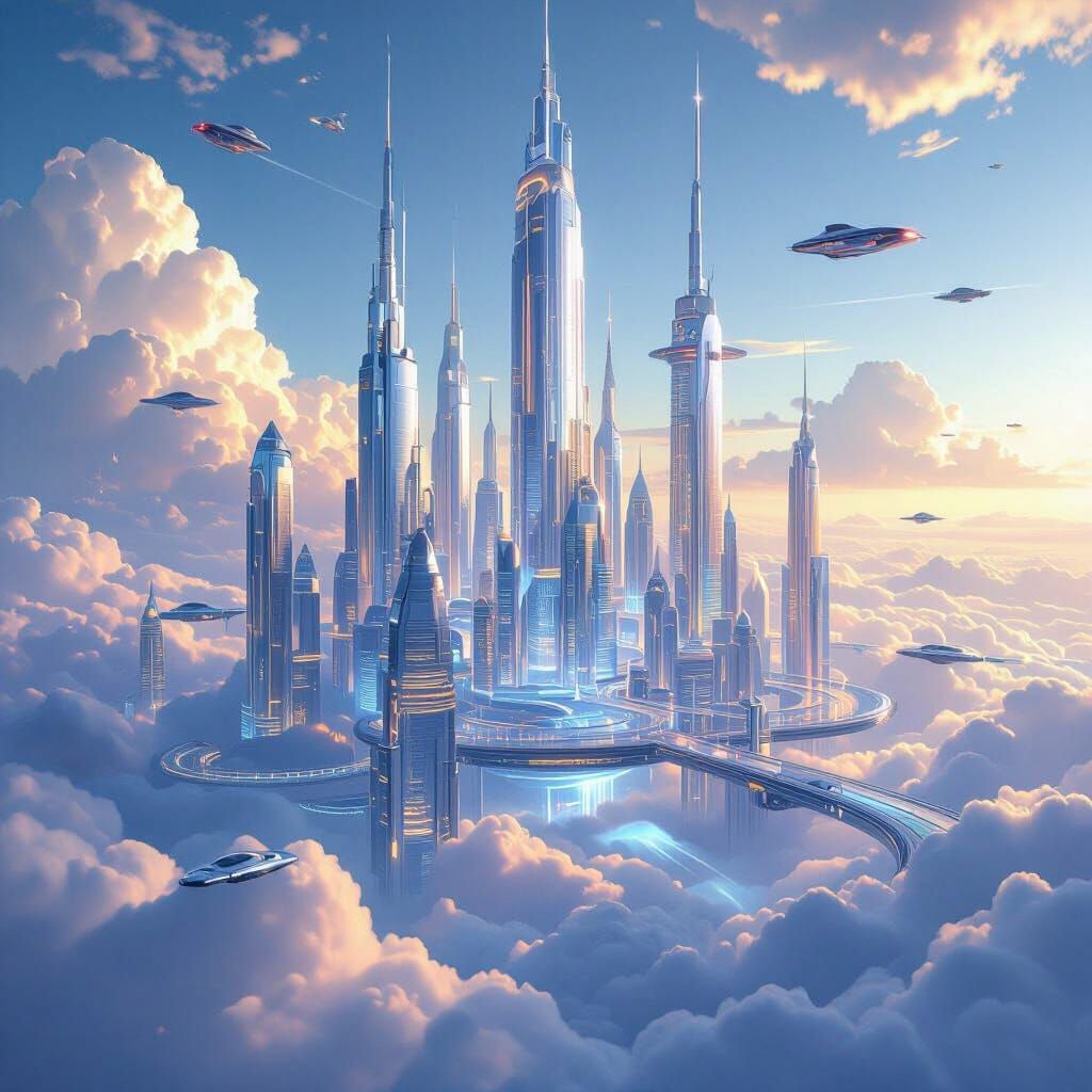 Futuristic Cloud City with Flying Vehicles