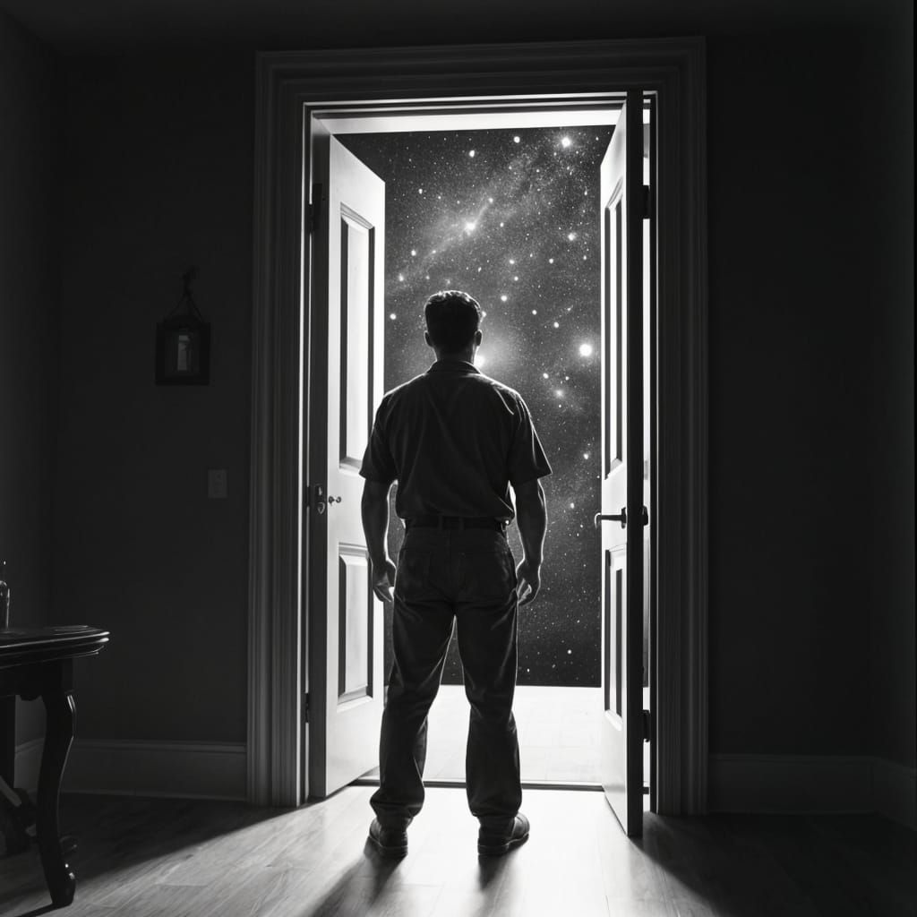 Vintage Photo: Man Opens Door to Outer Space