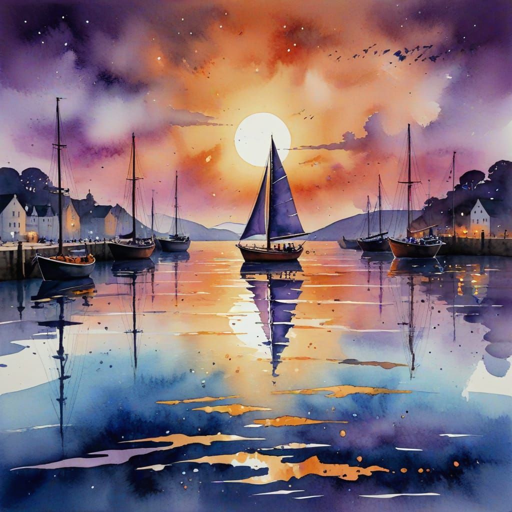 Watercolor Sailing Boat at Sunset with Moonrise