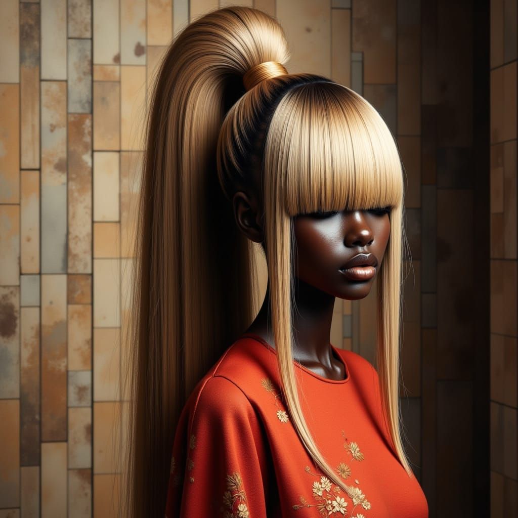 <lora:Blunt Bangs:1.0> Beautiful Black woman with ebony skin that glistens, facing the camera, #Very long bangs covering...