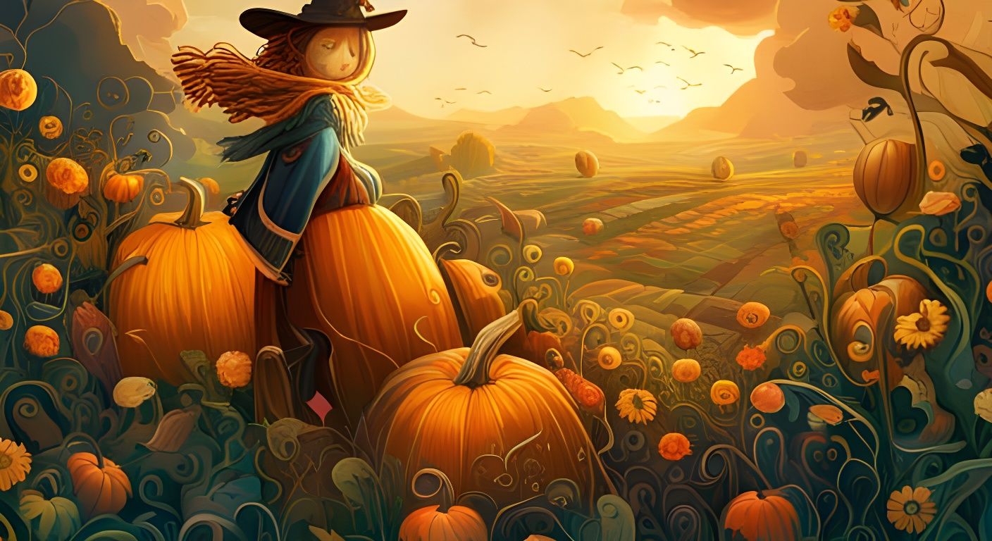 Ornate Scarecrow in Pumpkin Field Illustration