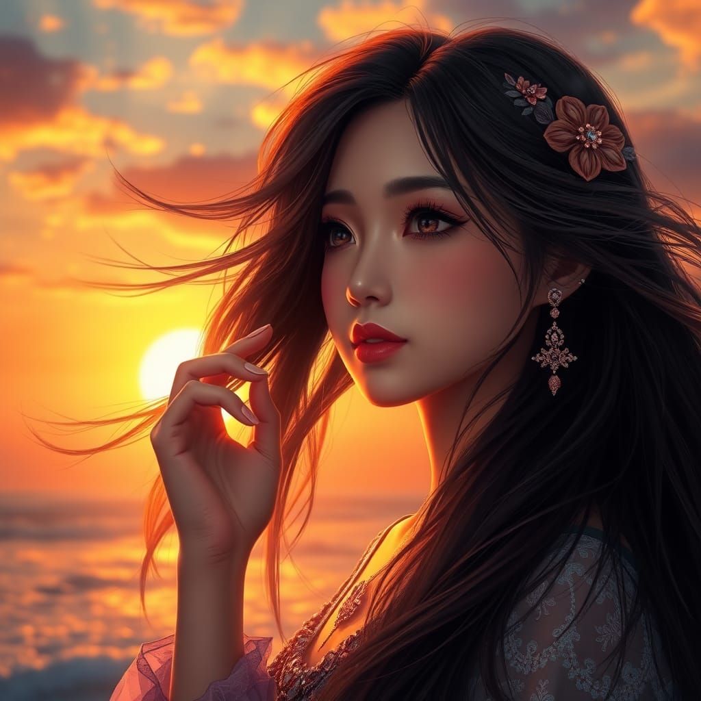 Asian Girl Gazing at Sunset in Fantasy Art Style
