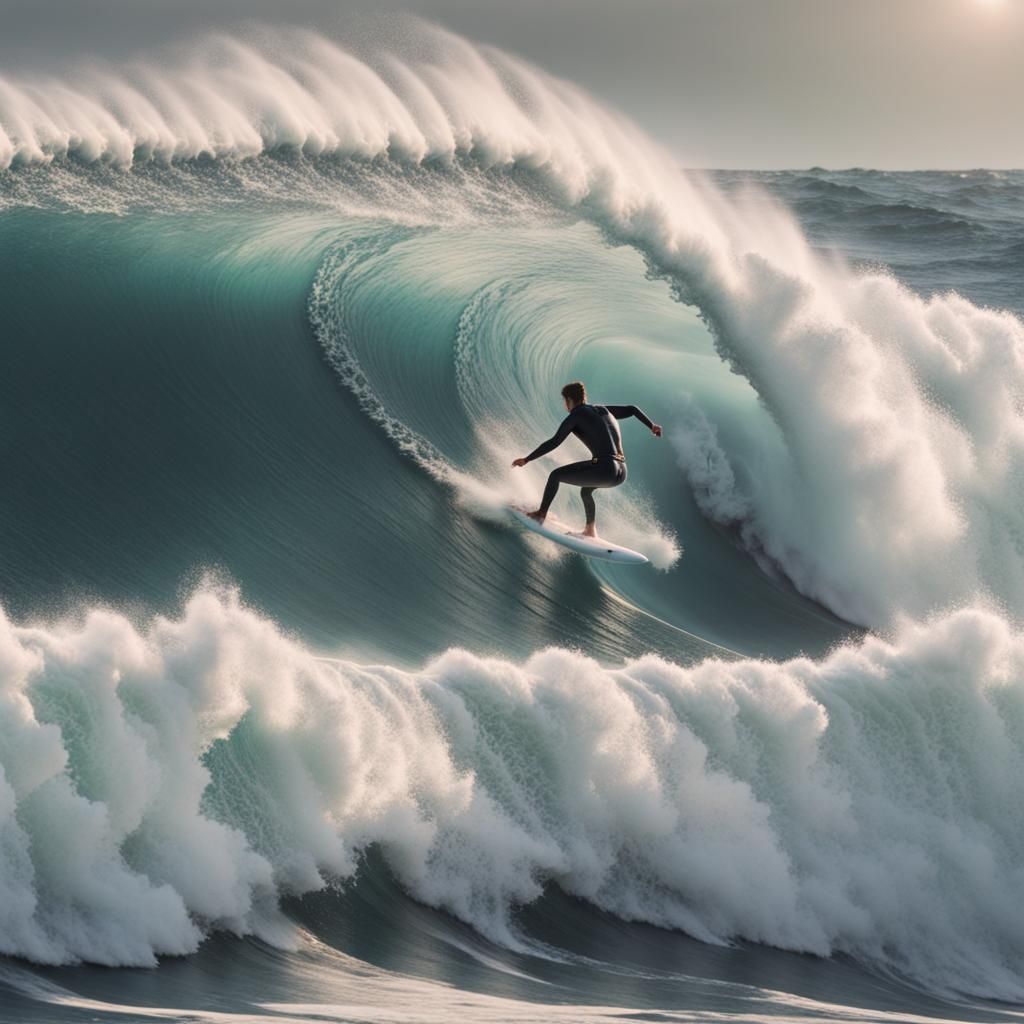 Surfer Rides a Giant Wave: Pastel Color Aesthetic
