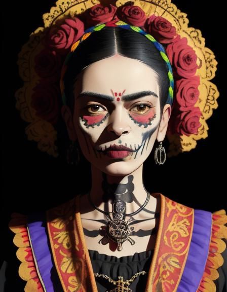 Ornate Santa Muerte Portrait in Mexican Folk Art Style