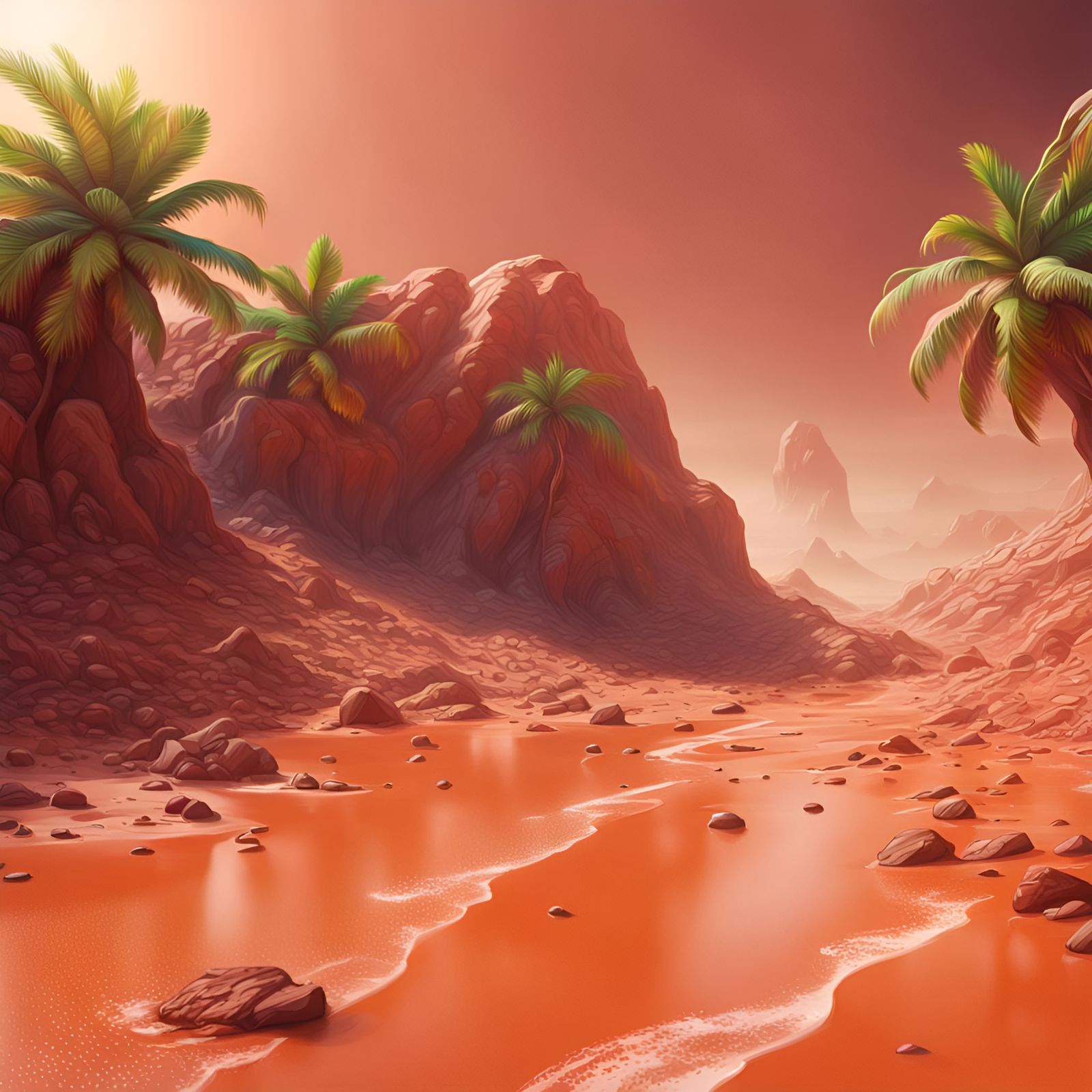 Hyperrealistic Tropical Beach on Mars in Splash Art Style