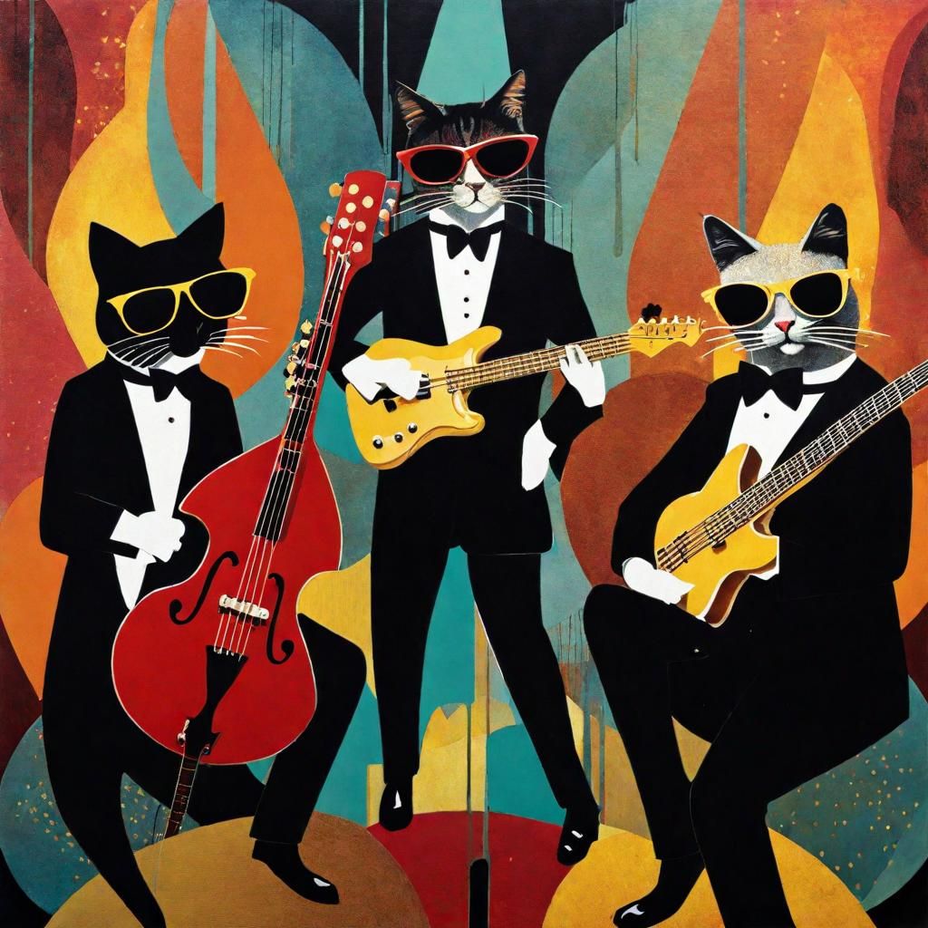 Jazz Cats Performing in a Club, Mixed Media Collage