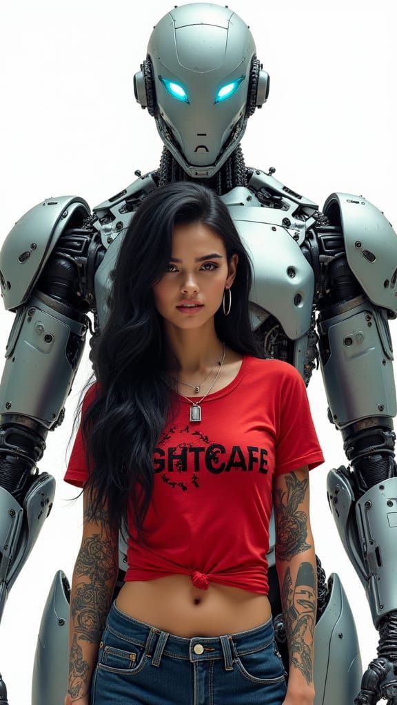 Woman and Robot in Cyberpunk Comic Style