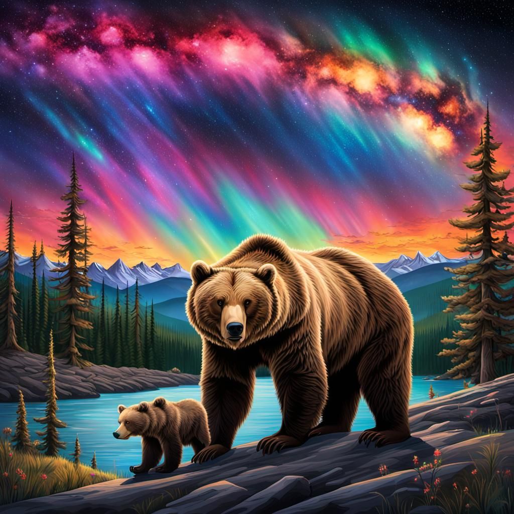 Grizzly Bears Under Northern Lights Starry Sky