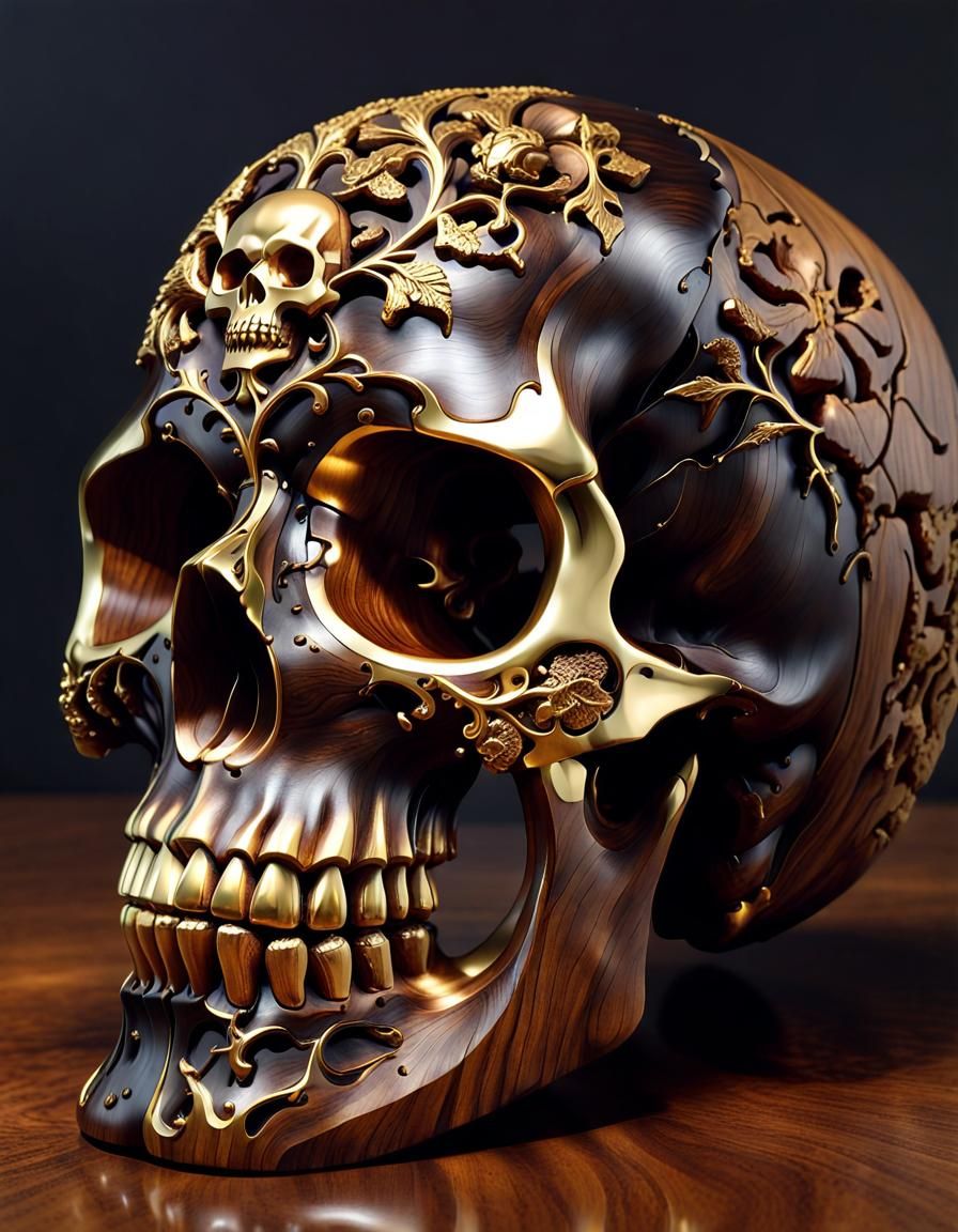 Intricate Gold and Black Walnut Skull Carving