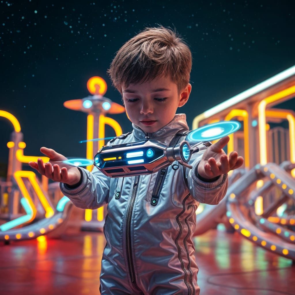 Child's Sci-Fi Dream: Glowing Toy in Neon Playground