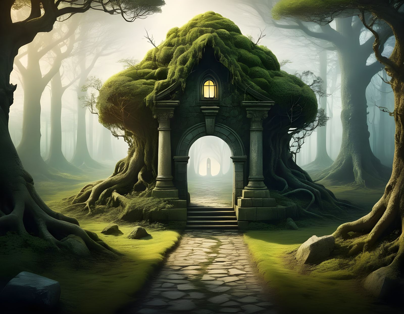 Enchanted Ancient Forest with Twisted Roots and Vibrant Surr...