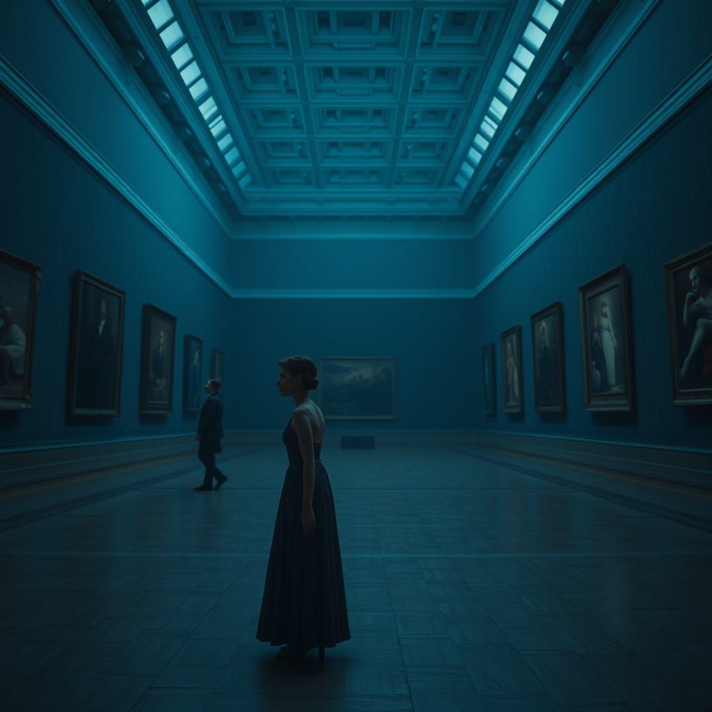 Solitary Woman in Dark Art Gallery: Photorealistic Image
