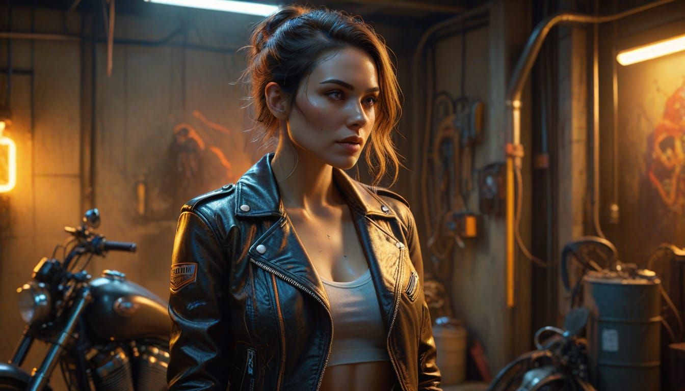 Woman in Garage with Soft Golden Lighting