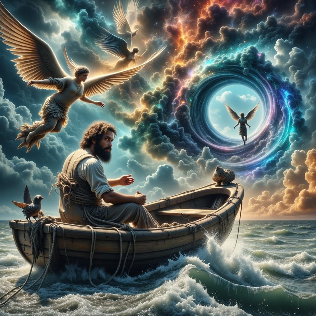 Man Drifting on Ocean Under Angel Filled Sky