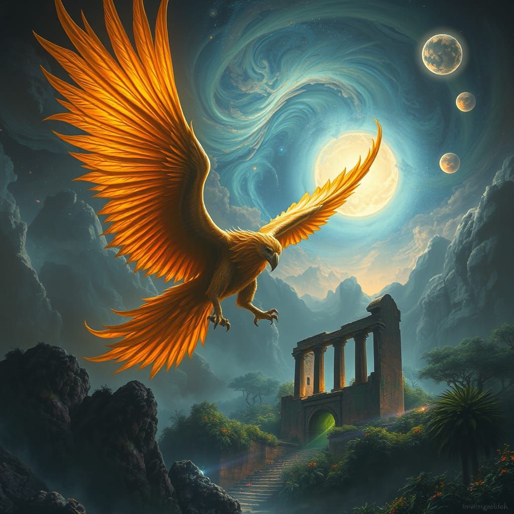 Colossal Griffin Soars Through Alien Nebulae Sky