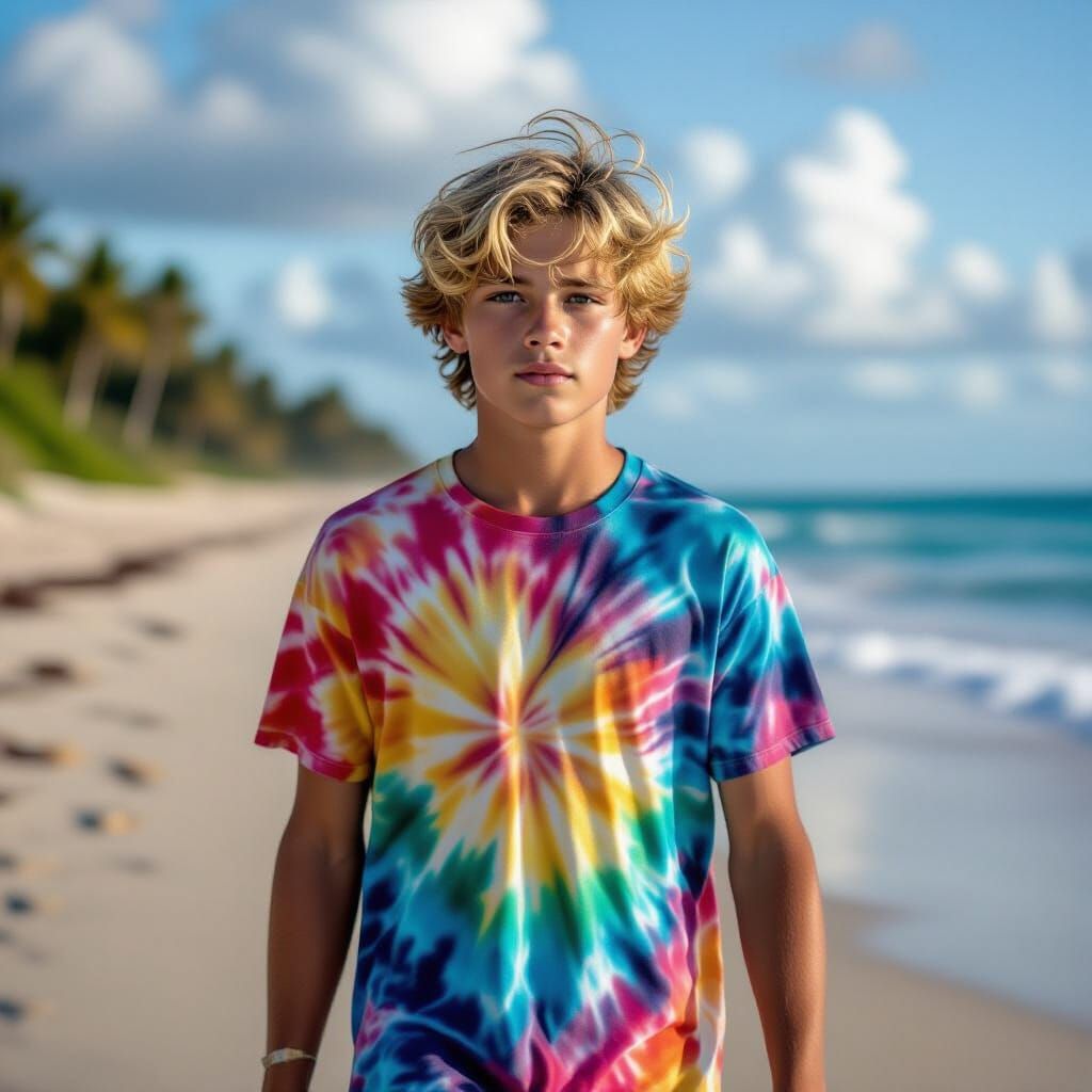 Teenager in Tie-Dye Shirt at the Beach