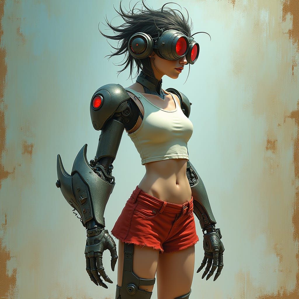 Futuristic Cyborg Woman with Robotic Arm in Cyberpunk Style