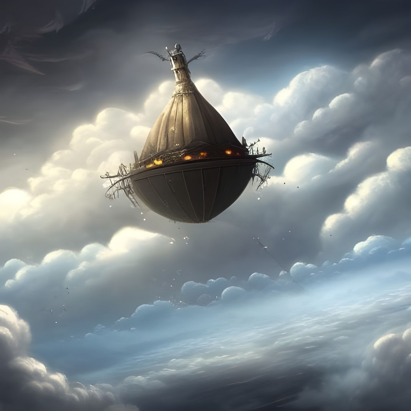 Epic Draven Airship Over Fluffy Clouds in High Fantasy