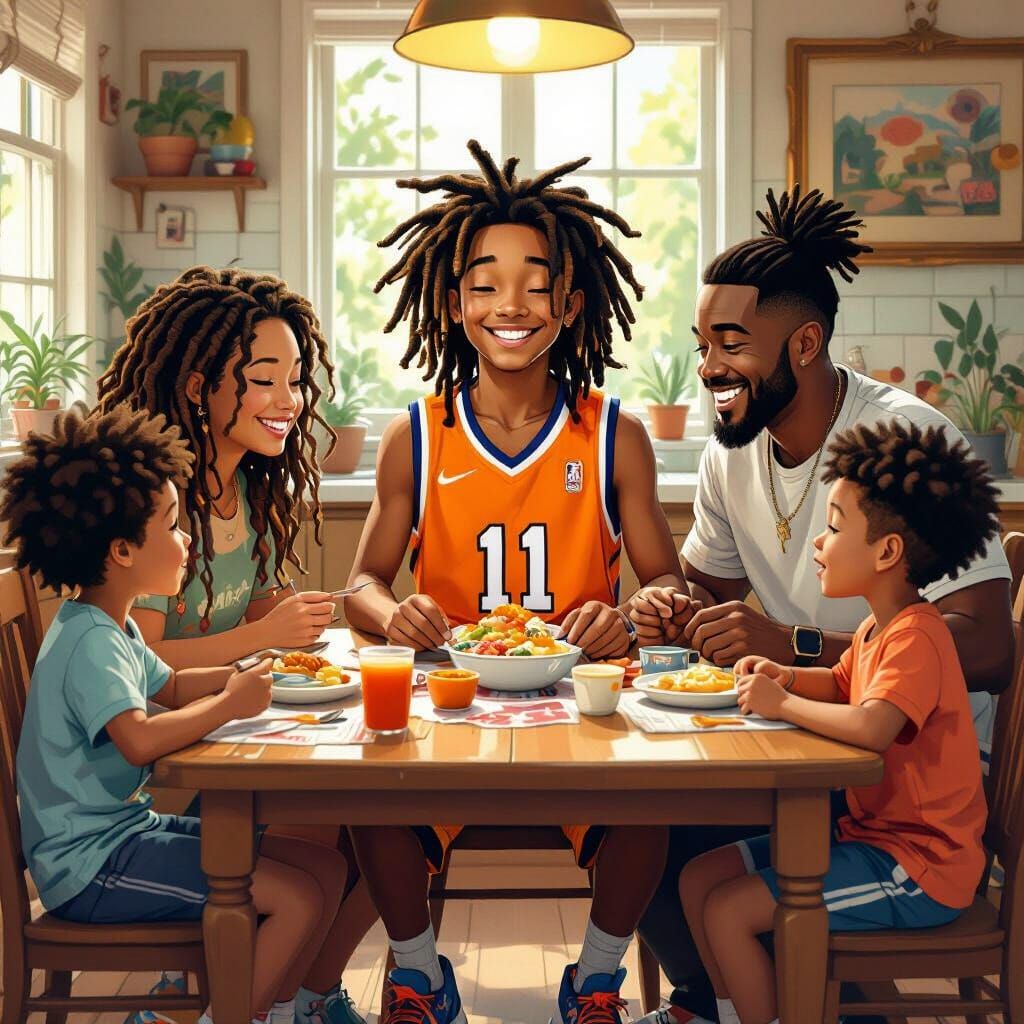 Family Breakfast Scene in Cartoon Illustration Style