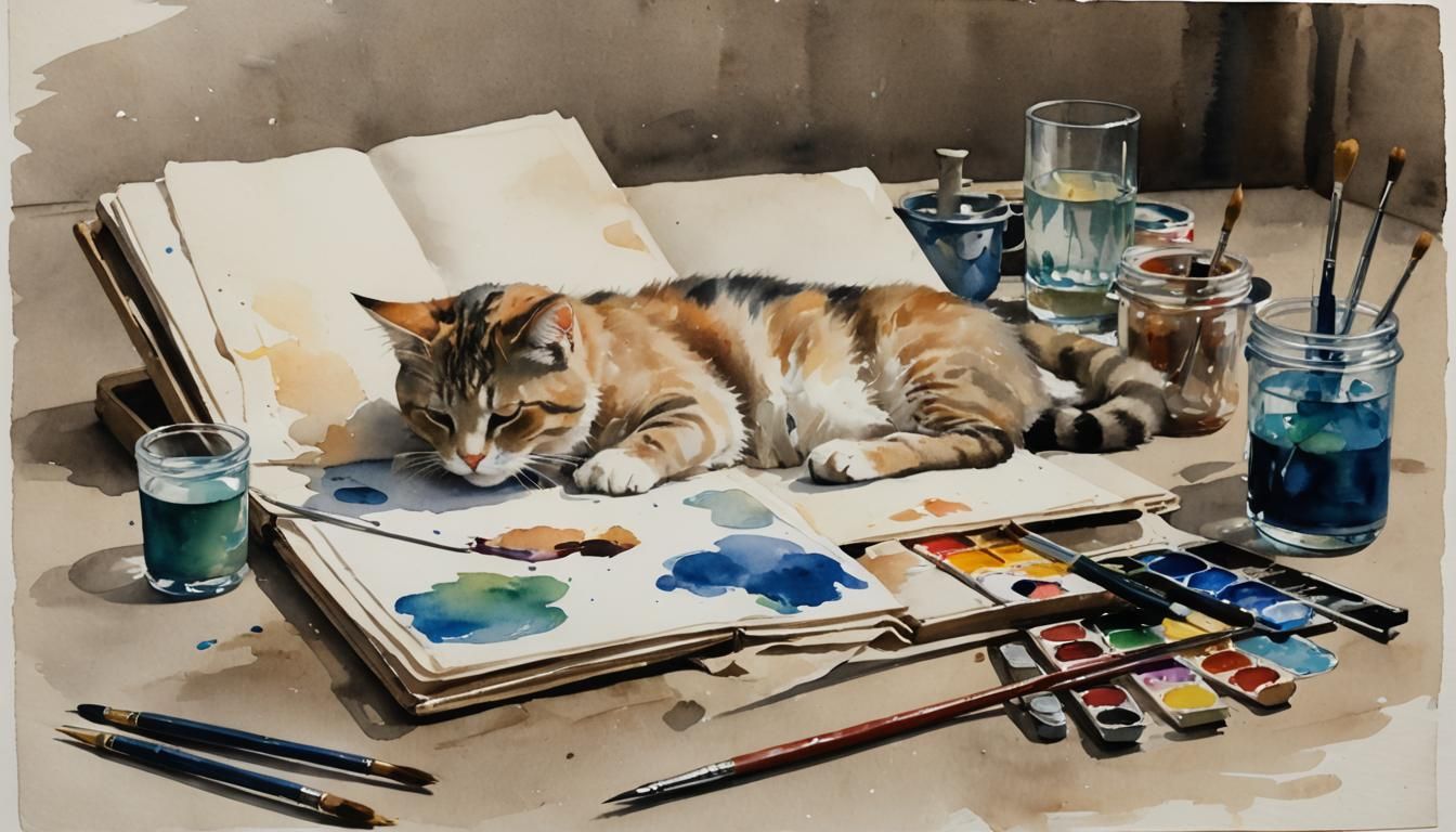 Watercolour Sketch of a Cat in a Classic Artistic Setting