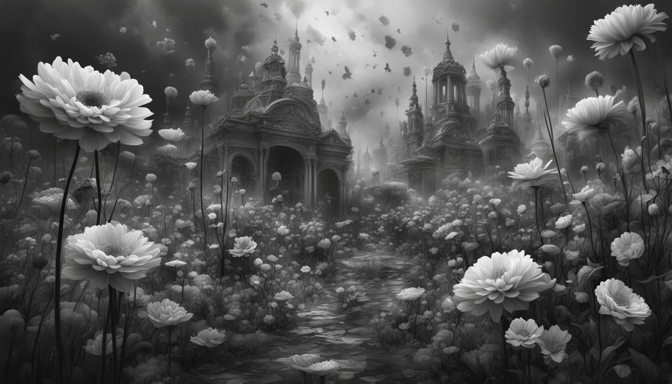 Abstract Grayscale Flowers Fading Away: Digital Matte Painti...